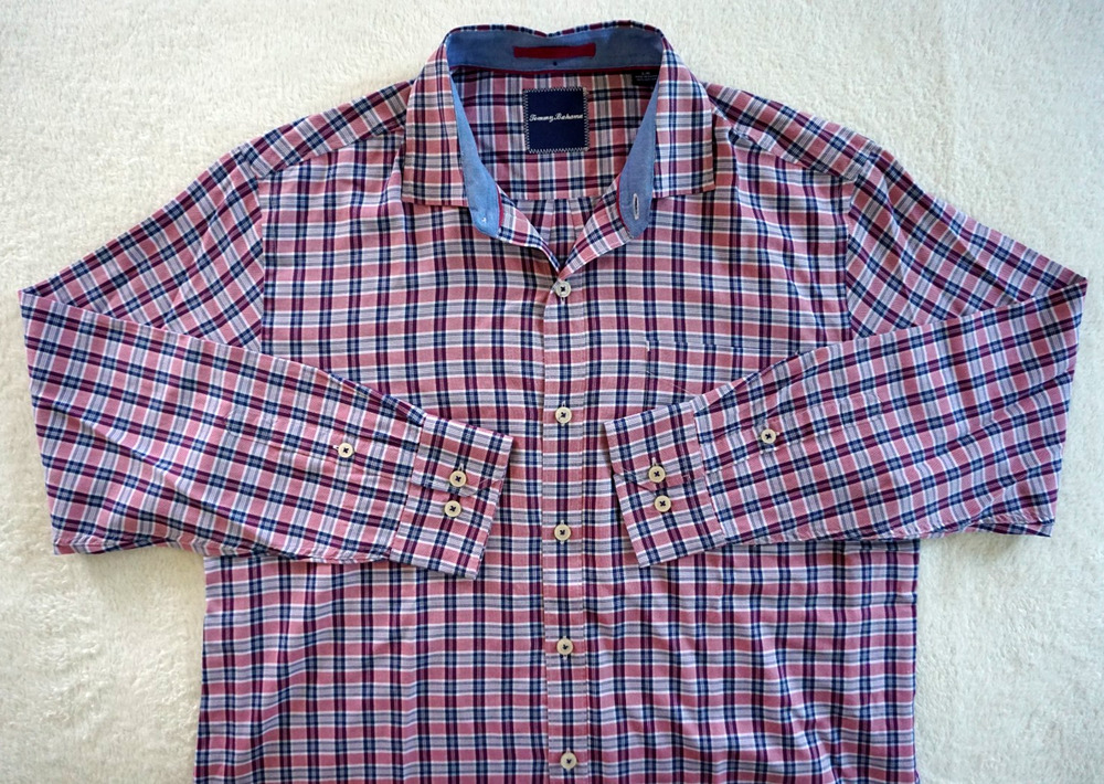 Tommy Bahama Shirt Mens Large Lavender Blue Plaid Long Sleeve Cotton Stretch